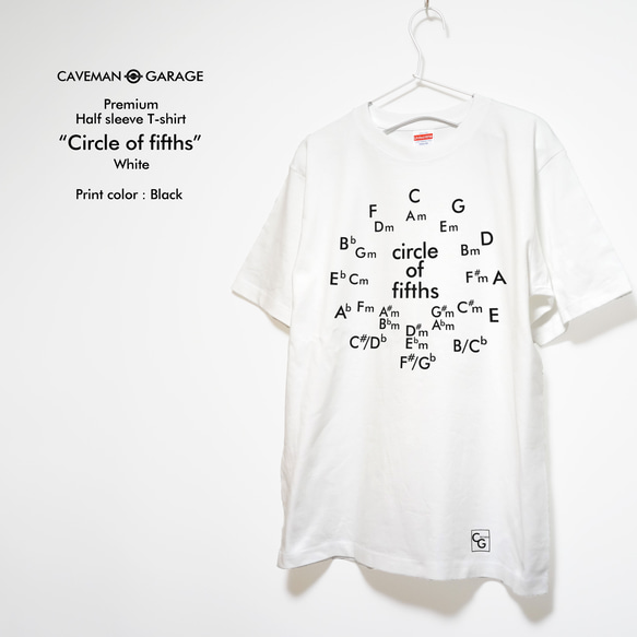 音楽理論系Ｔシャツ サークル・オブ・フィフス  ブラックプリント仕様【ホワイト】やや厚めプレミアム生地 半袖クルーネック