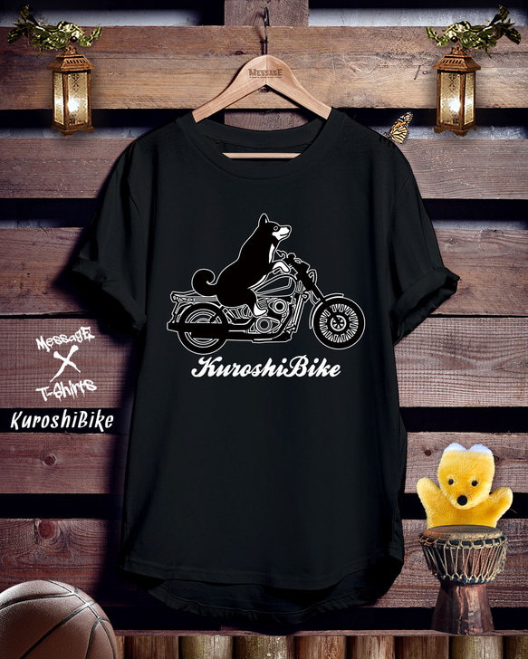 柴犬バイク黒Tシャツ「KuroshiBike｣