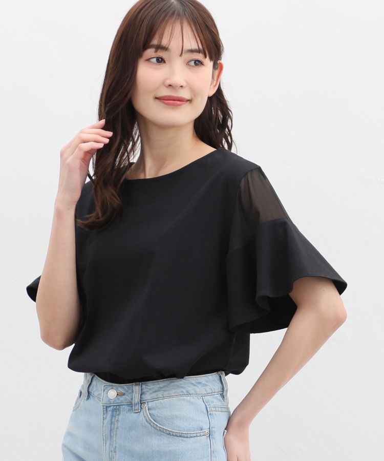 グラシア/袖シアー切替Ｔシャツ Tシャツ カットソー きれいめ ハニさら 接触冷感 レディース