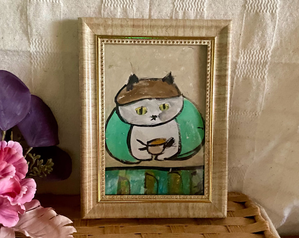 絵画。原画手描き【猫ちゃんは寒い天気で布団にくるまってコーヒーを飲みます】