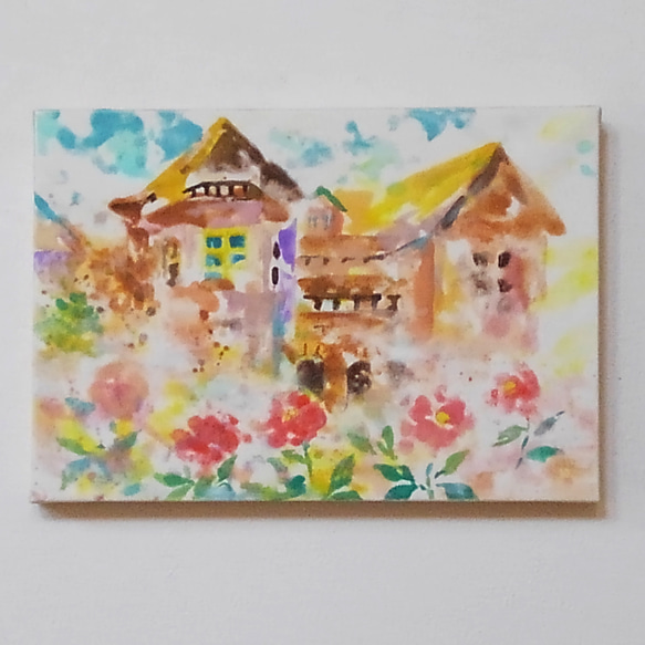 花と洋館シリーズ　日本画　｢花と洋館｣（絵画、パネルに和紙、岩絵の具）