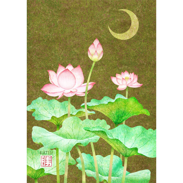 「ハスと月」　ハスの花　三日月　イラスト