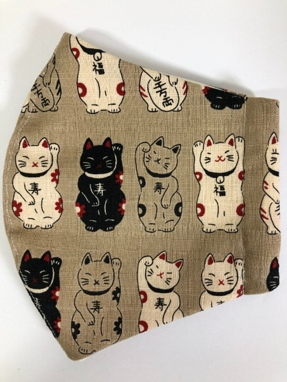 【SALE】招き猫 マスク  内側Wガーゼ  猫  (1321) 綿100 　男性にも