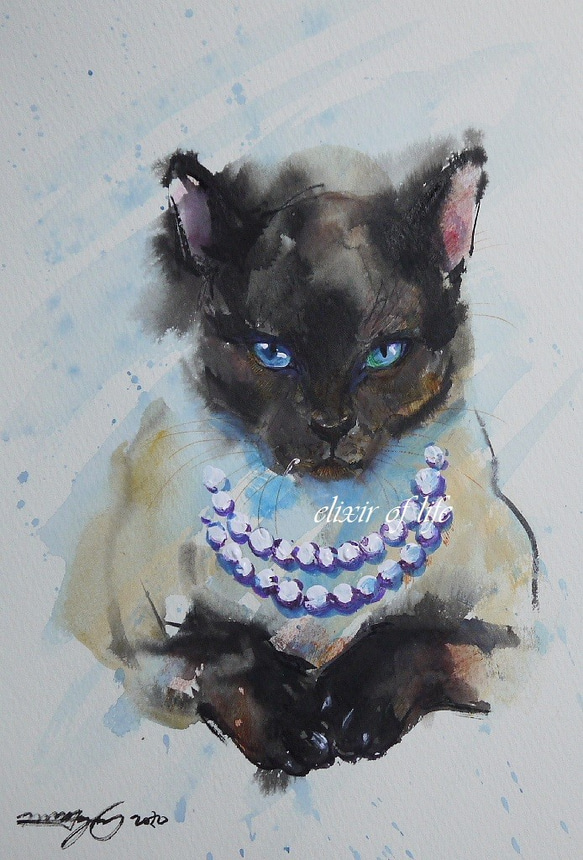 真珠のネックレスの猫、２（墨絵、高級水彩画用紙、１６ｃｍ×２２，５ｃｍ）