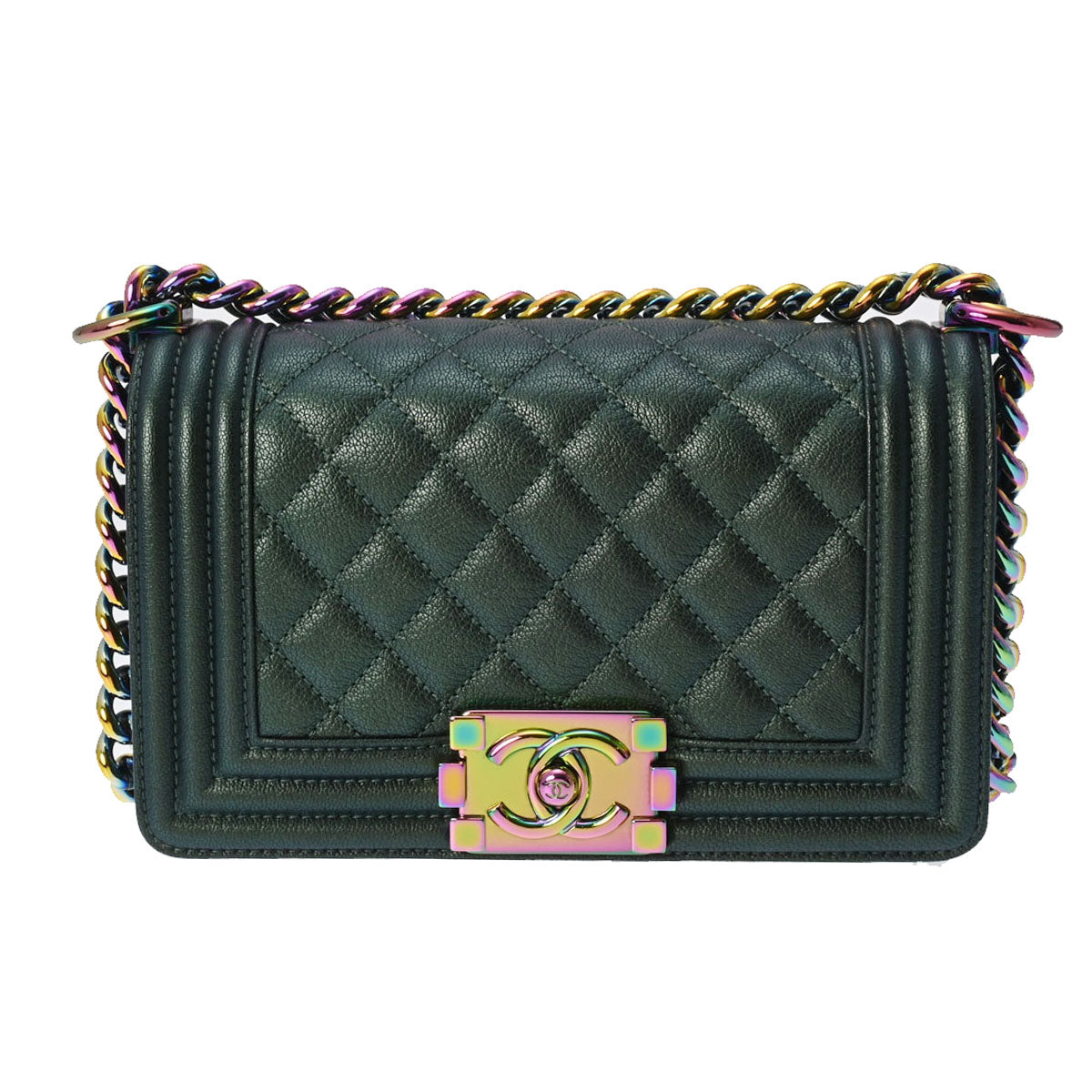 CHANEL シャネル ボーイシャネル チェーンショルダー 20cm メタリックグリーン系 レインボー金具 レディース ラムスキン ショルダーバッグ Aランク 中古 