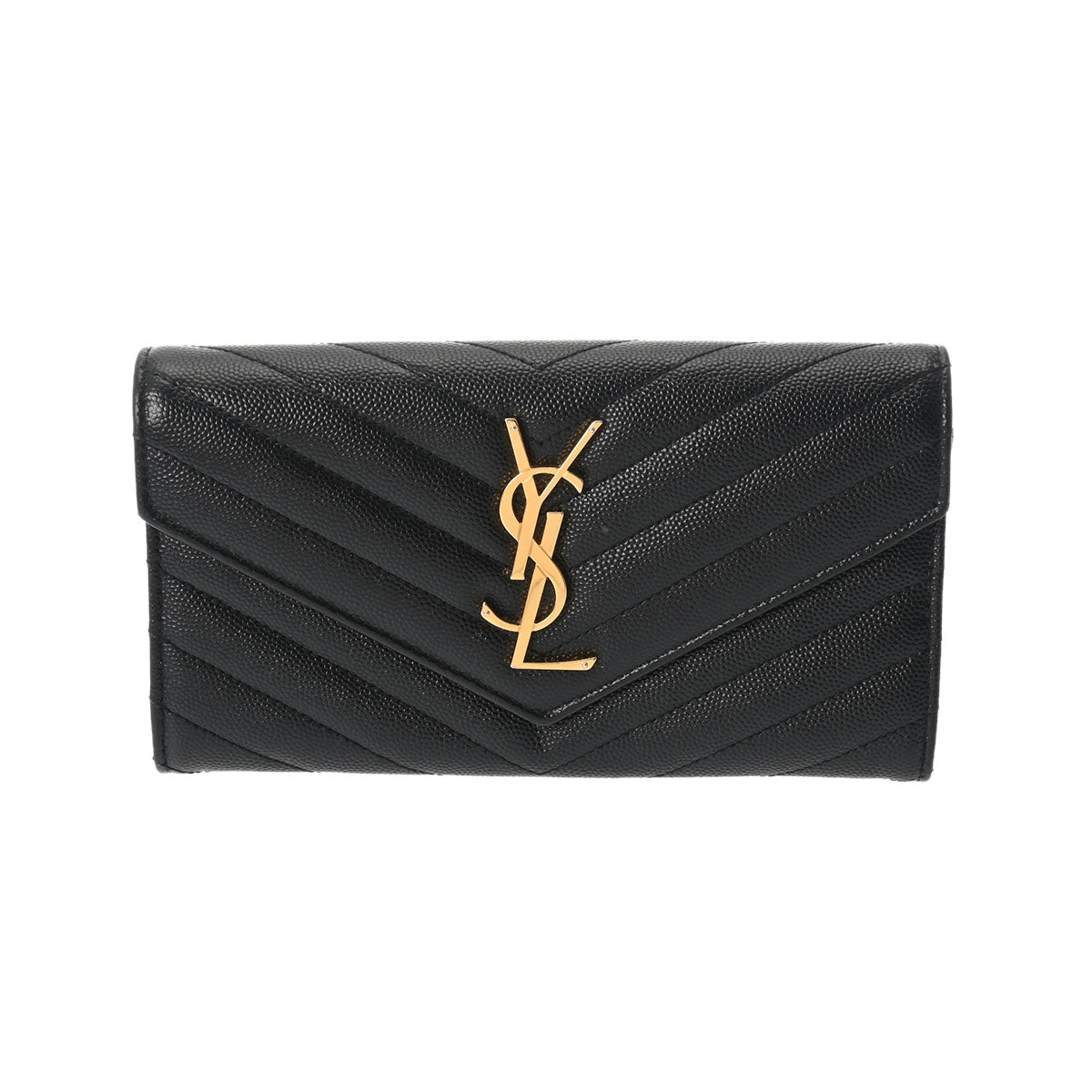 SAINT LAURENT サンローラン モノグラムラージフラップウォレット 黒 ゴールド金具 372264 ユニセックス レザー 長財布 ABランク 中古 