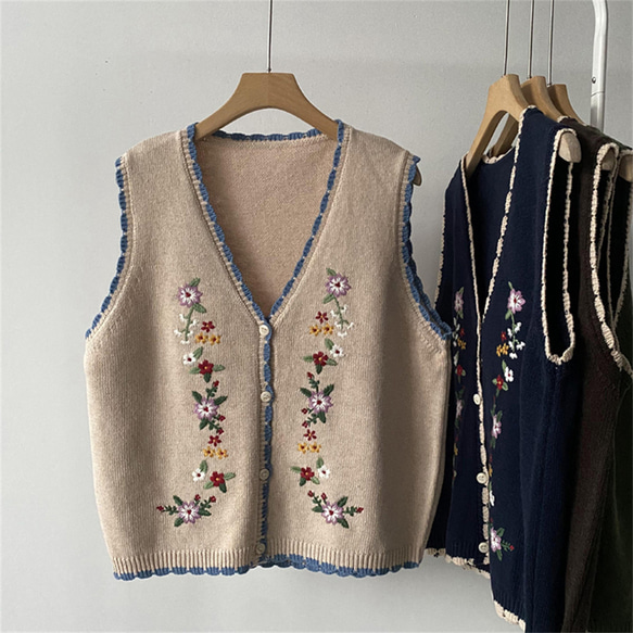 ゆったりニット花刺繍レディースベストトップス