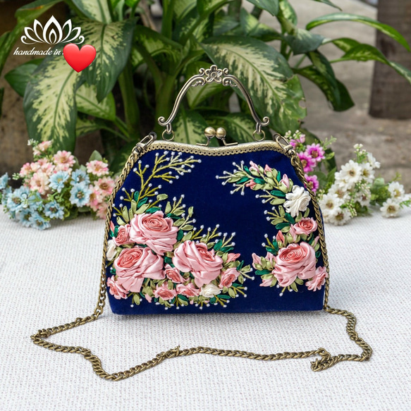 お花手刺繍パーティーバック/青緑色