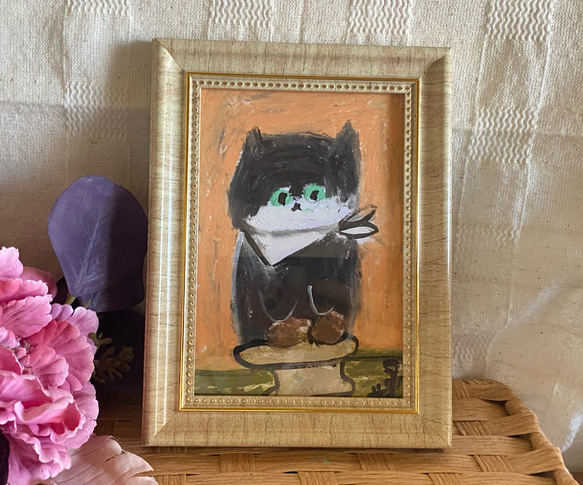 絵画。原画手描き【黒猫はふわふわのチョコレートパンが好きです】