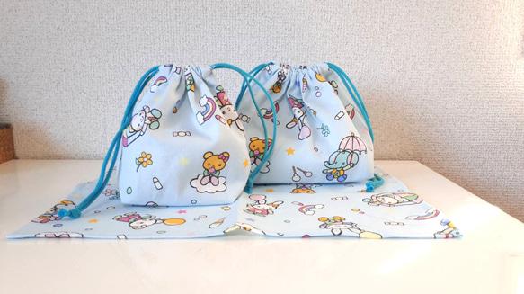 新作！かわいい動物たちのお弁当&コップ袋、ランチマット☆水色