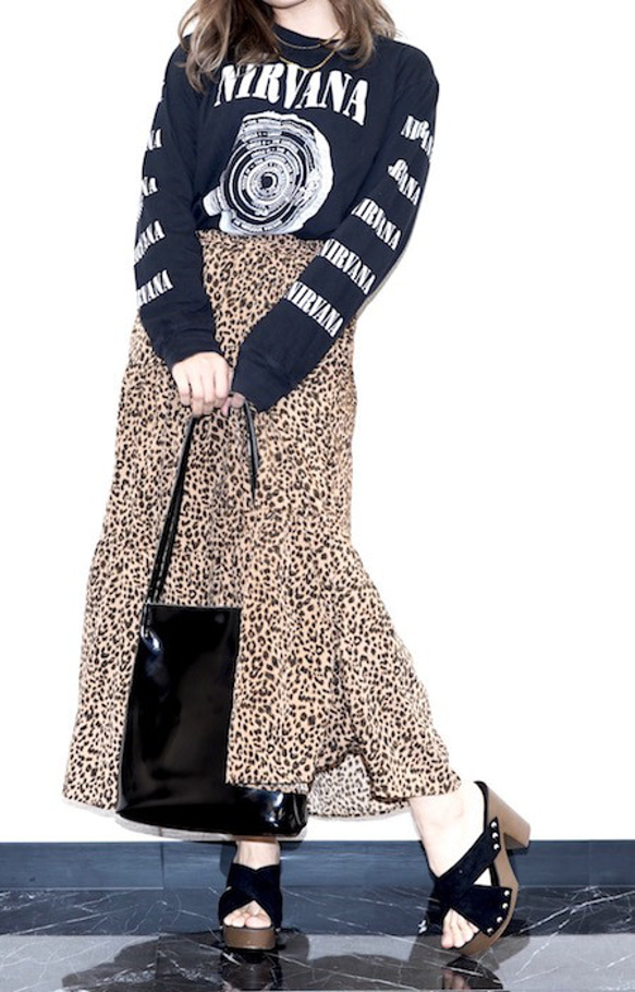 LEOPARD TIERED FLARE LONG SKIRT (brown) ロングスカート ブラウン 茶色