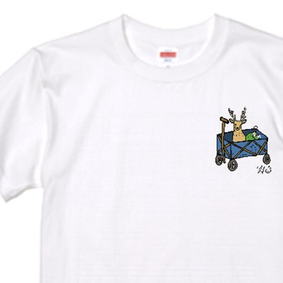 【送料無料】ゆるかわ動物　アウトドアワゴン　シカ　ワンポイント　ホワイト　Tシャツ 5.3oz