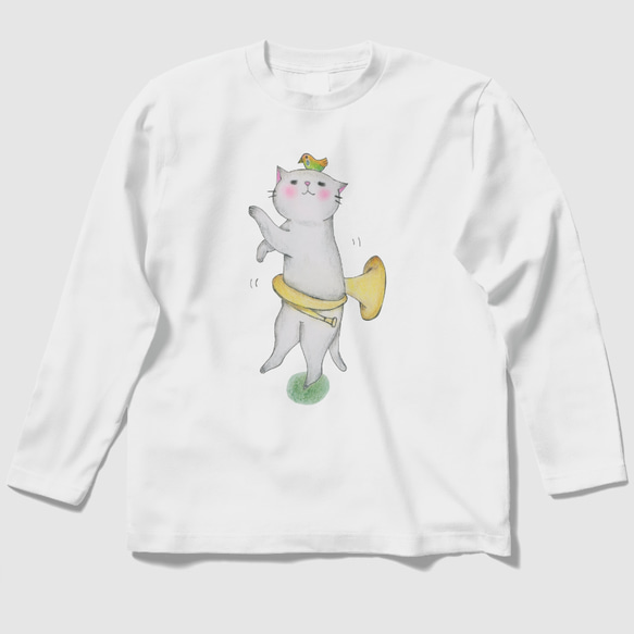 ホルン猫の長袖Ｔシャツ(白)