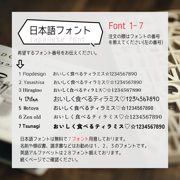 フォント3６を使用した追加のデザイン料金　日本語７＋英語2９　☆フォント選択のための参考ページ☆