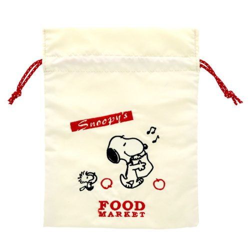 スヌーピー 刺繍 きんちゃくポーチ 巾着袋 Delicious Food Market アイボリー ピーナッツ キャラクター プレゼント