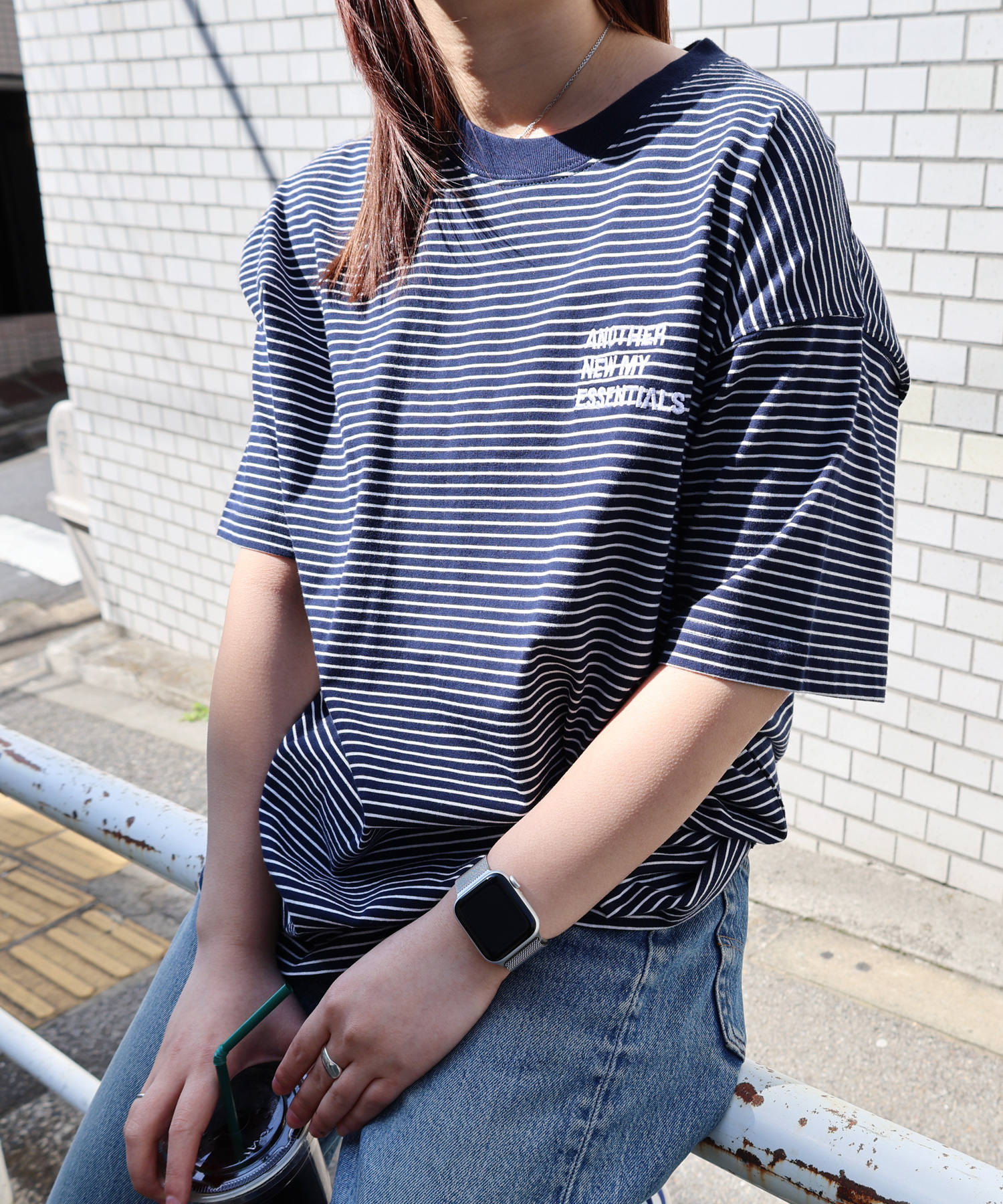 アンメ/ANMEロゴ 刺繍入り ボーダー 半袖 Tシャツ