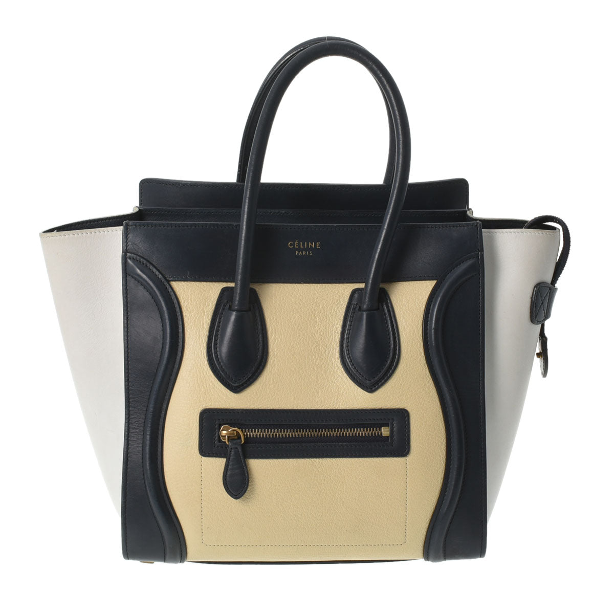 CELINE セリーヌ ラゲージ マイクロショッパー トリコロール グレー/クリーム/紺 レディース カーフ ハンドバッグ Bランク 中古 