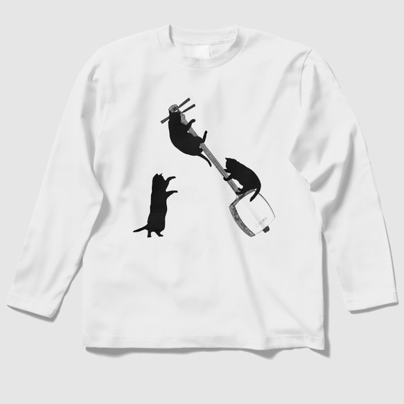 三味線と黒猫の長袖Ｔシャツ(白)