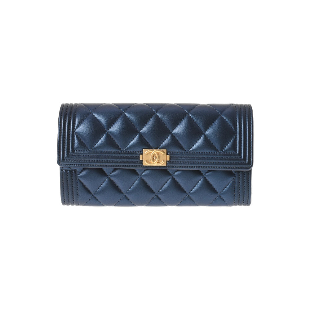 CHANEL シャネル ボーイシャネル 二ツ折長財布 メタリックブルー ゴールド金具 A80286 レディース ラムスキン 長財布 未使用 