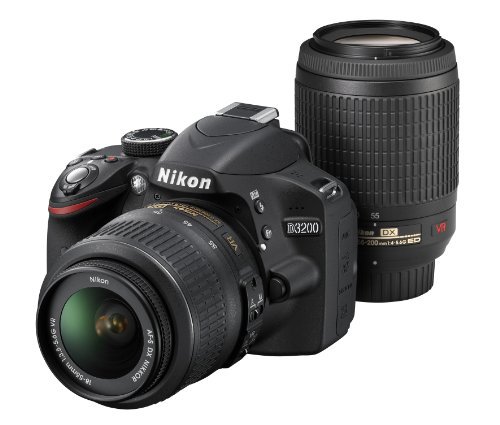 Nikon デジタル一眼レフカメラ D3200 200mmダブルズームキット 18-55mm/55-200mm付属 ブラック【中古品】