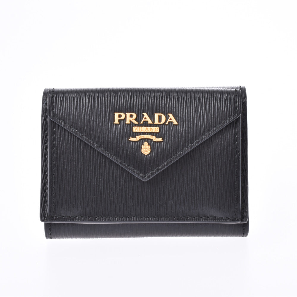 PRADA プラダ コンパクトウォレット 黒 ゴールド金具 1MH021 ユニセックス レザー型押し 三つ折り財布 Aランク 中古 