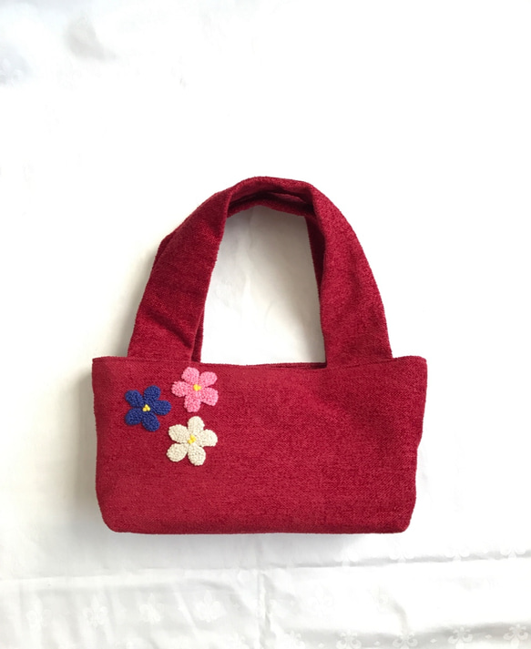 三色お花の刺繍バッグ(あか)