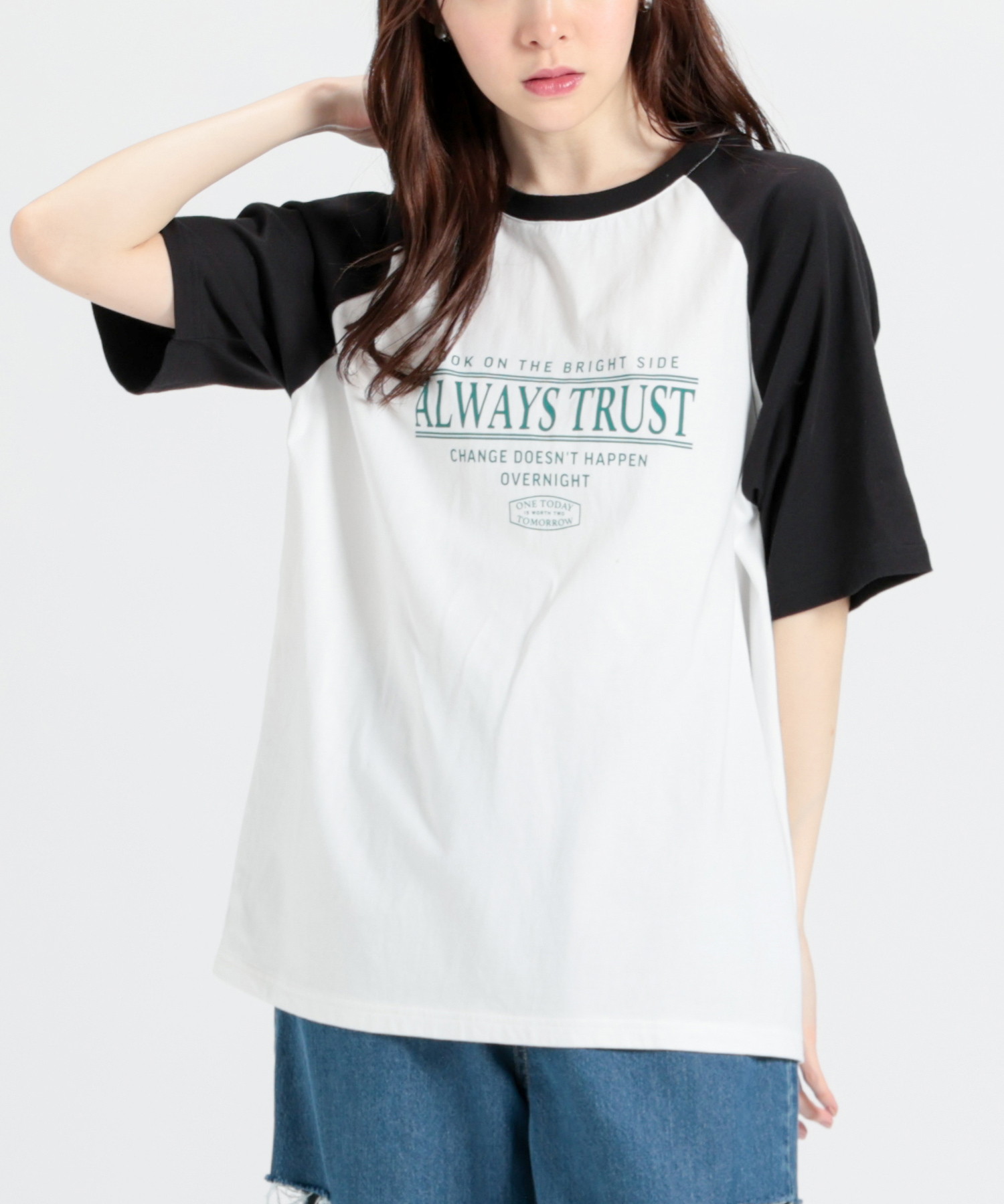 ハニーズ/ラグランゆるＴシャツ トップス Tシャツ カットソー 半袖 ロゴT 配色 UVカット