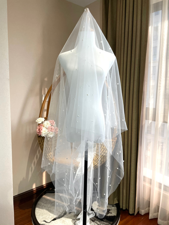 華やかベール　ロングトレーン　総2ｍ　たっぷりパール　上品 エレガント　ふんわりチュール　結婚式/ブライダル/ウェディン