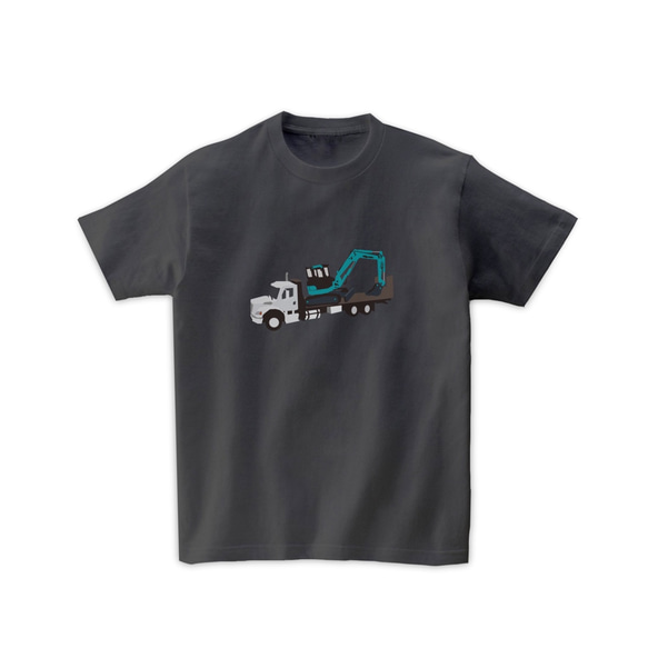 車Tシャツ-フラットベッドトラックとショベルカー（チャコール）