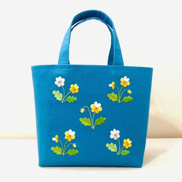 刺繍 ビオラ の花 トート バック ＜ターコイズ＞