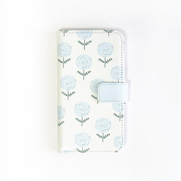 シンプルかわいい手帳型iphoneケース[pale blue flowers]