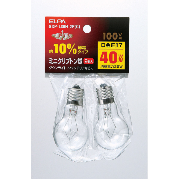 エルパ ミニクリプトン球 E17口金 40W形(36W) 2個入り クリア GKP-L36H-2PC