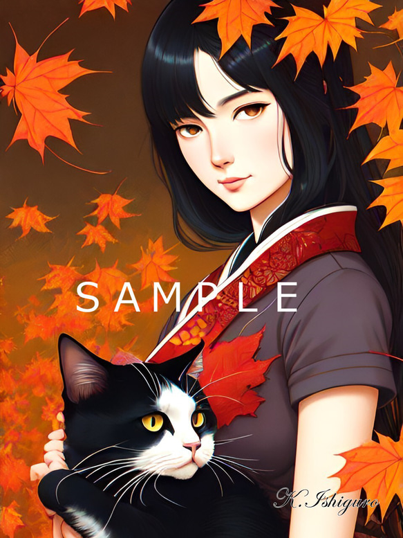 猫と女性と紅葉(オリジナルイラスト)A4額付き　№s-3368