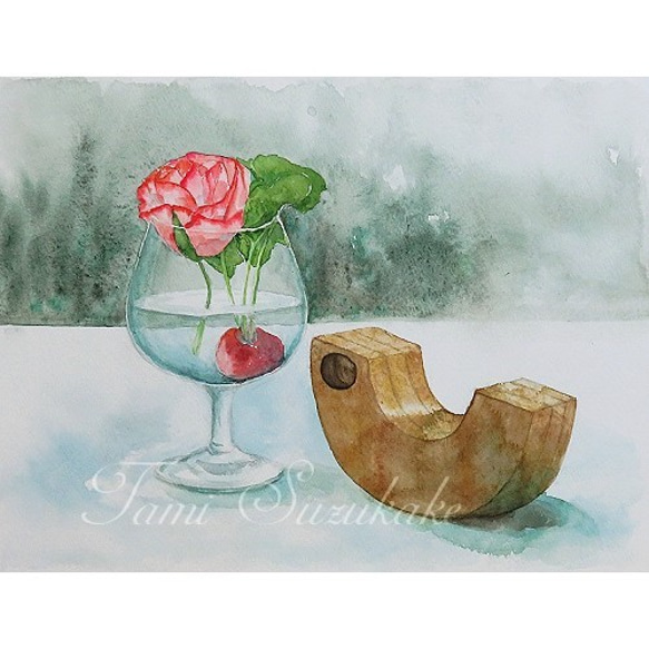 水彩画（原画）「薔薇と木製玩具」