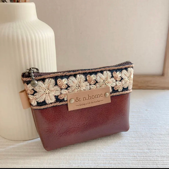 leather×インド刺繍リボン✤ミニポーチ②