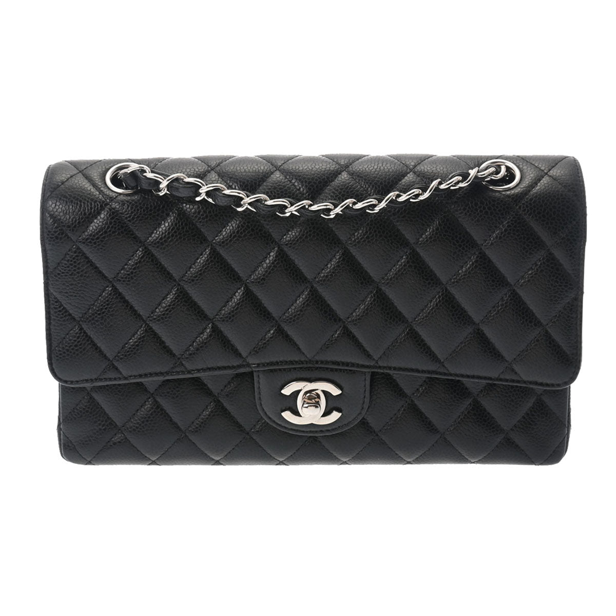 CHANEL シャネル マトラッセ Wフラップ チェーンショルダー 25cm 黒 シルバー金具 A01112 レディース キャビアスキン ショルダーバッグ Aランク 中古 