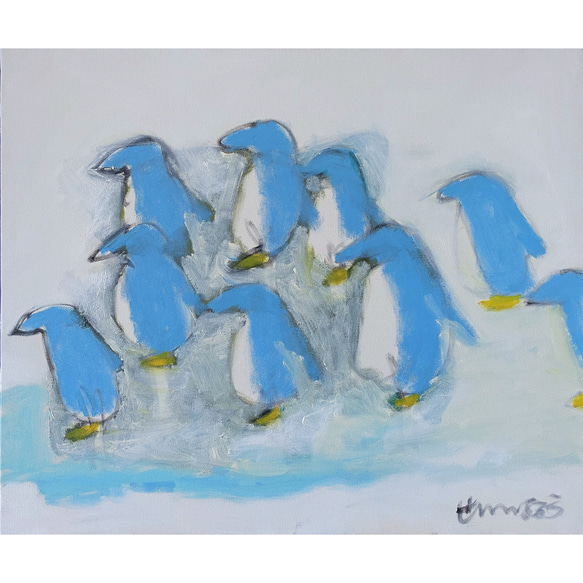 【icewalk】F8 絵画 油絵 抽象画 キャンバス ペンギン ペンギンの絵 絵本 ほのぼの 冬 南極 氷の世界 沖縄