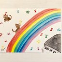 ????透明水彩画「猫ちゃんの音楽教室」 イラストポストカード２枚セット 虹 ねこ ネコ　音符　ピアノ????