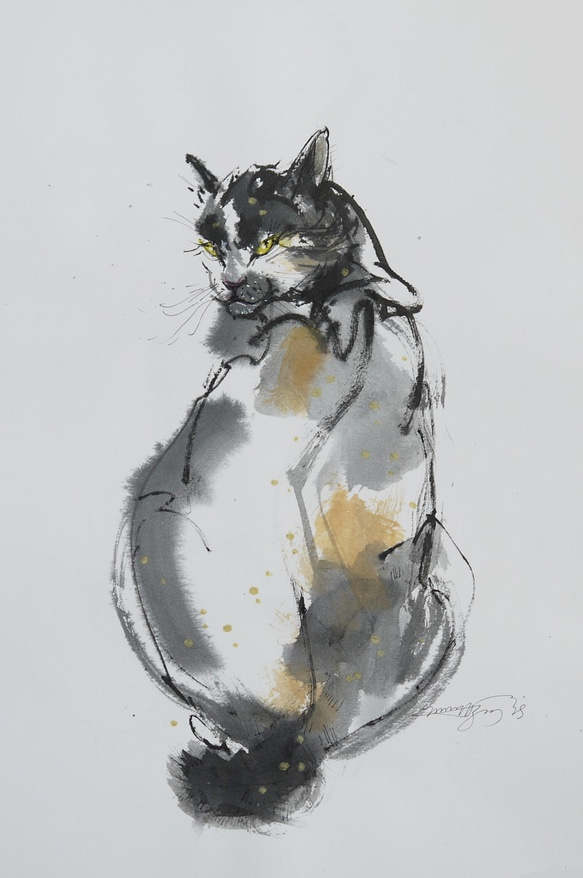 振り向く三毛猫（墨絵、水彩画用紙３３，３ｃｍ×２３ｃｍ）