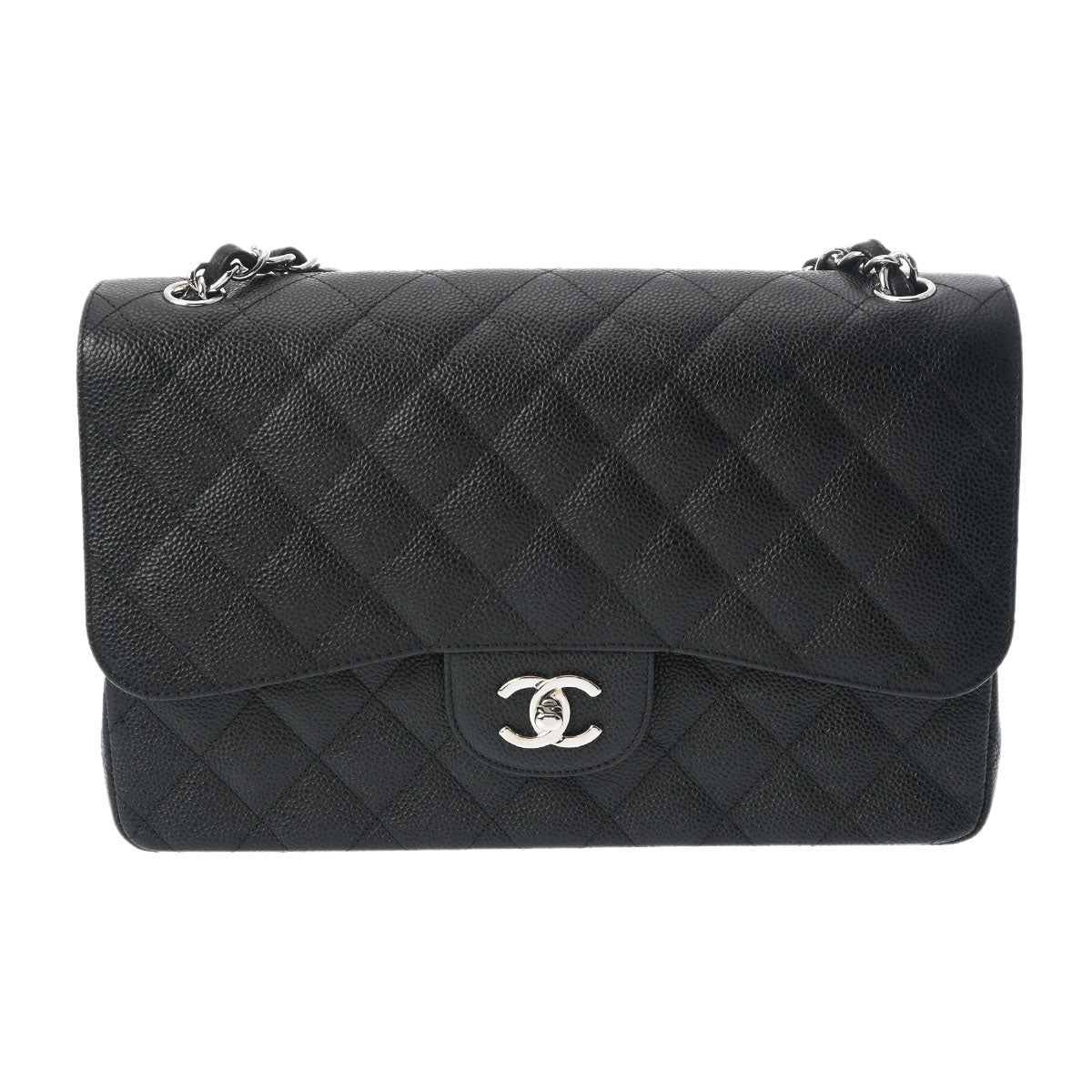 CHANEL シャネル マトラッセ Wフラップ チェーンショルダー 30cm 黒 シルバー金具 A58600 レディース キャビアスキン ショルダーバッグ 新同 中古 