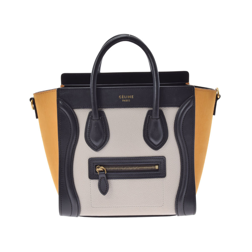 CELINE セリーヌ ラゲージ ナノショッパー トリコロール 2WAY 黒/ベージュ/黄 レディース  レザー ハンドバッグ ABランク 中古 