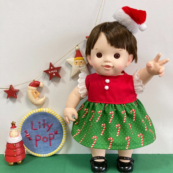 ステッキクリスマスワンピース☆(GN)　ぽぽちゃん　服　USAコットン