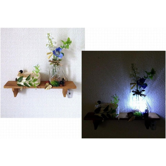 お花のLEDライトとバスケット小物入れ■壁掛け&置き型2wayで使えるウォールシェルフ◆フック付き