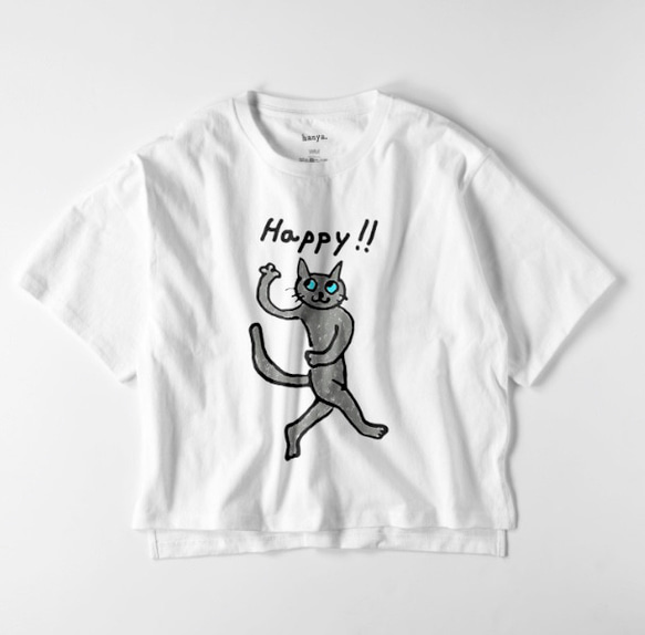 ハッピーキャット　オーバーサイズTシャツ　猫　ロシアンブルー　シャルトリュー　イラスト　フリーサイズ　レディース