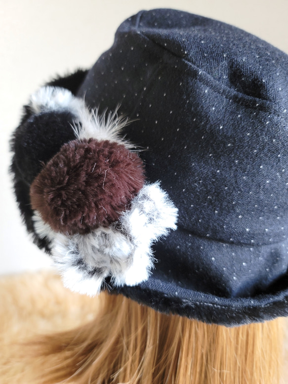 ポンポンふわり滑らかhat★60㎝★ネイビー水玉wool