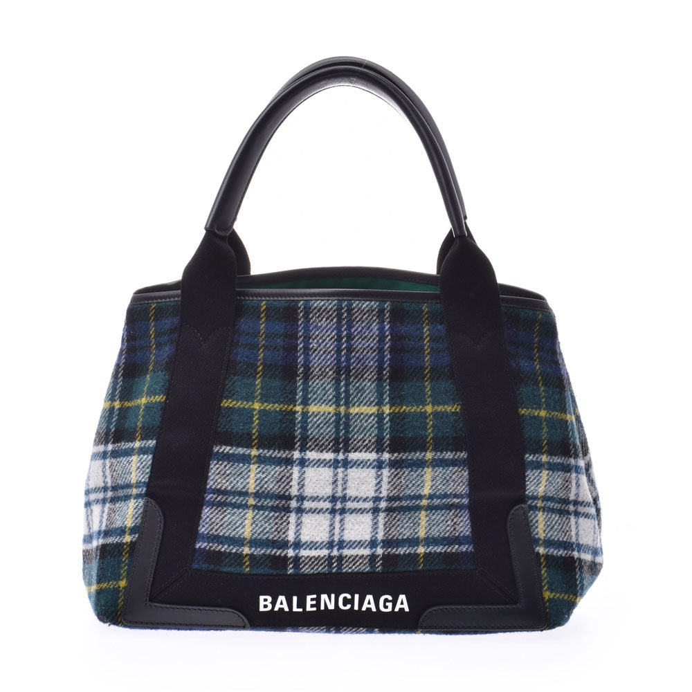 BALENCIAGA バレンシアガ ネイビーカバS グリーンチェック レディース ウール/レザー ハンドバッグ Aランク 中古 