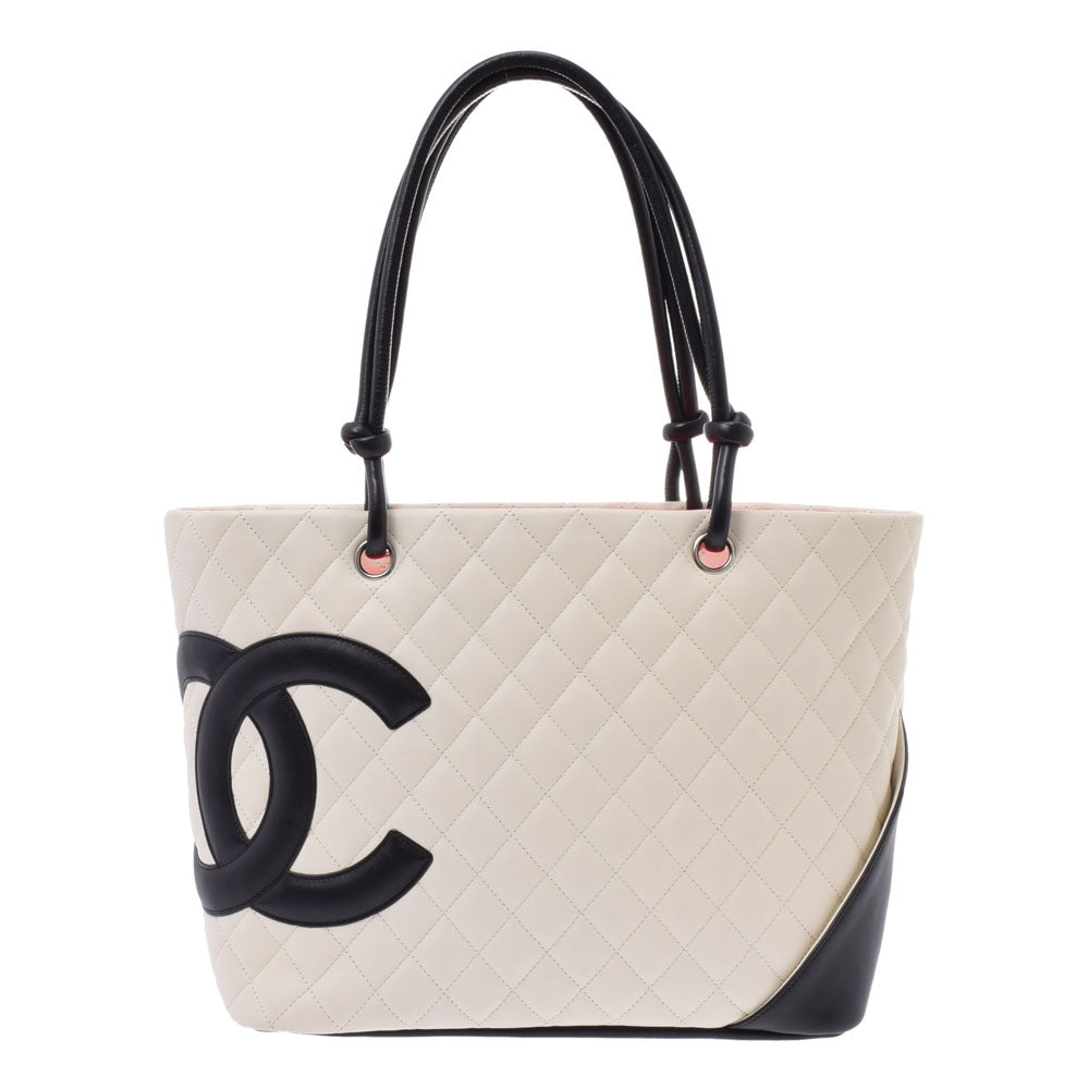 CHANEL シャネル カンボンライン ラージトート 白/黒 レディース ラムスキン トートバッグ ABランク 中古 