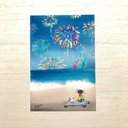 ????透明水彩画「海辺の水中花火」イラストポストカード２枚セット  暑中見舞い 花火　犬　癒し　母の日　父の日????