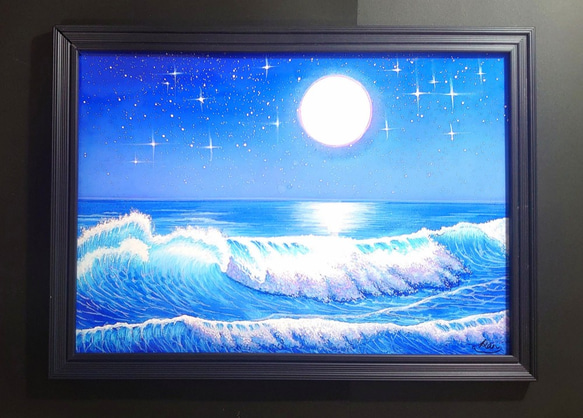 風景画『満月の夜空と海』／印刷物・風景画・額縁等はついておりません。