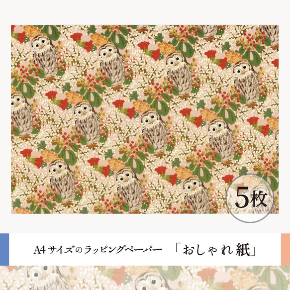 おしゃれ紙「ふくろうさん　ピンク」 A4　5枚入　お花とふくろうのラッピングペーパー